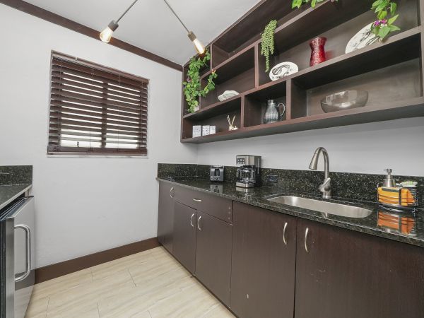 A modern kitchen with a dark granite counter, sink, faucet, coffee maker, and floating shelves with hanging plants.