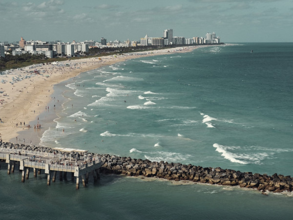 A busy coastline with sandy beach, swimmers, and a long pier, backed by a city skyline along the ocean.