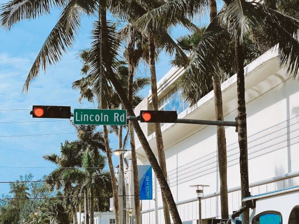 A sunny city street lined with tall palm trees and a sign reading Lincoln Rd beside red traffic lights.