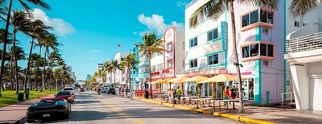 A sunny street lined with tall palm trees and colorful hotel buildings, with cars parked along the roadway.