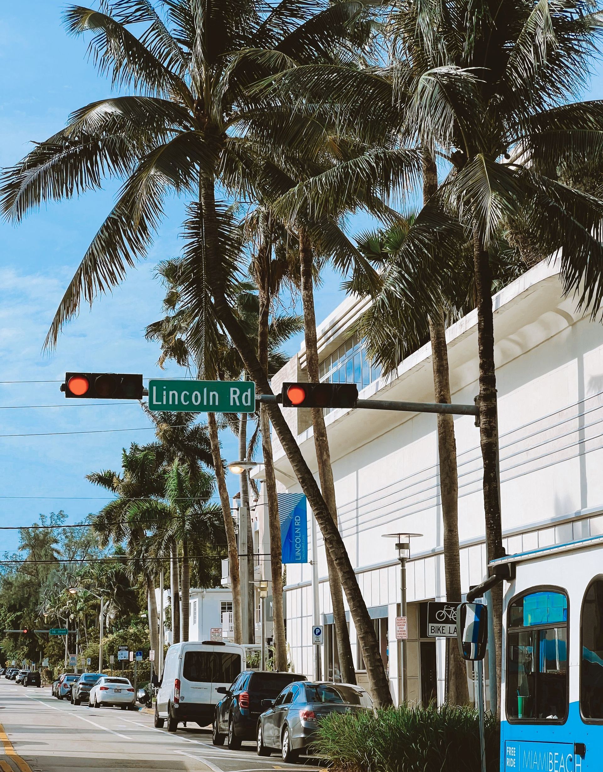 A sunny street lined with tall palm trees, traffic lights, and a &ldquo;Lincoln Rd&rdquo; road sign.