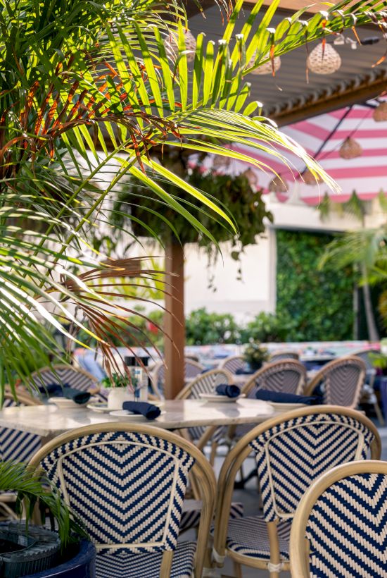 Green grass in foreground, patio table and patterned chairs behind, with a pink-and-white striped canopy and hanging decor, outdoors.